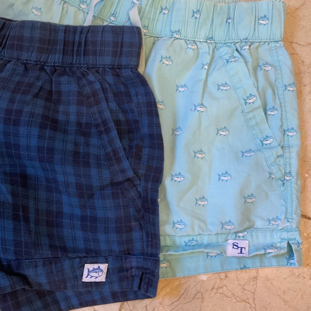 Southern Tide Cotton Shorts (2), sea green, navy plaid, drawstrings pockets Sz S